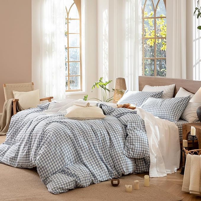 MooMee Gingham Duvet Cover Set 100% Washed Cotton Linen Like Textured Breathable Durable Soft Comfy Modern Checkered Design (Classic Gingham Cornflower Blue, Cal King 104"x98")