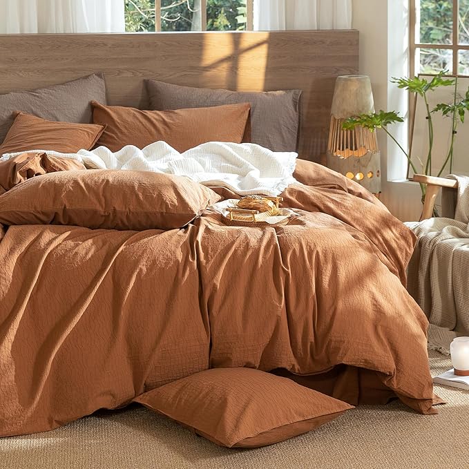 MooMee Wavy Striped Duvet Cover Set 100% Washed Cotton Linen Like Textured Breathable Durable Soft Comfy (Dark Orange, Queen 90"x90")