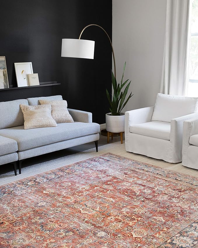 Loloi Layla Collection LAY-02 Spice/Marine 3'-6" x 5'-6" .13" Thick Accent Rug, Soft, Durable, Vintage Inspired, Distressed, Low Pile, Non-Shedding, Easy Clean, Printed, Living Room Rug