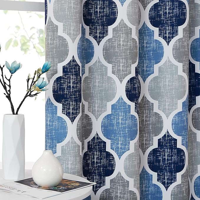 Beauoop 100% Blackout Curtains 108 Inches Long 2 Panels for Bedroom Living Room Blue Grey Moroccan Geo Room Darkening Thermal Insulated Soundproof Grommet Top Window Treatments Drapes, 50x108 Set of 2