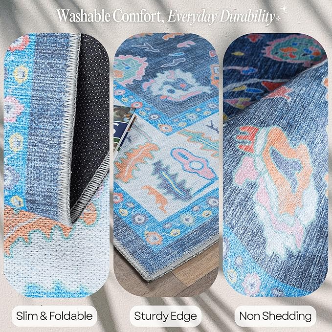 Fame Rugs Blue Modern Oushak Rug 9x12, Vintage Turkish Colorful Oriental Washable Antique Inspired Oversize Area Rugs, Luxury Living Room Bedroom (386PBL, 9' x 12) (387BNB, 9' x 12)