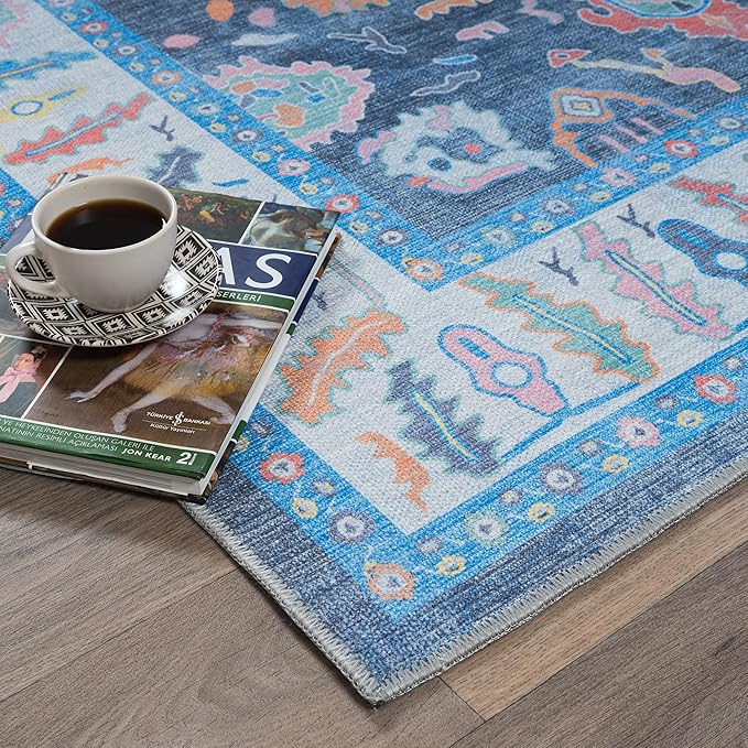Fame Rugs Blue Modern Oushak Rug 5x7, Washable Vintage Turkish Colorful Oriental Antique Inspired Area Rugs, Luxury Living Room Bedroom (387BNB, 5' x 7')
