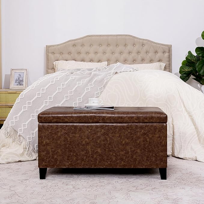 Asense Storage Ottoman Bench, Faux Leather Upholstered End of Bed Bench with Safety Hinge Wooden Legs, for Entryway Bedroom
