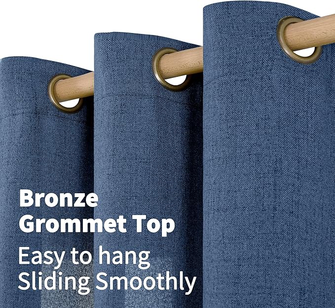 YoungsTex Navy Linen Curtains 84 Inch Length for Living Room, Dark Blue Semi Sheer Drapes Light Filtering with Bronze Grommet Privacy for Bedroom Decorative, 52 x 84 Inch, 2 Panels
