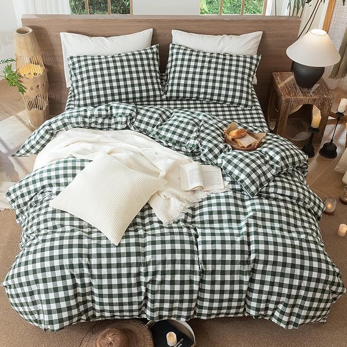 MooMee Gingham Duvet Cover Set 100% Washed Cotton Linen Like Textured Breathable Durable Soft Comfy Modern Checkered Design (Buffalo Plaid Forest Green, Oversized Full 82"x86")