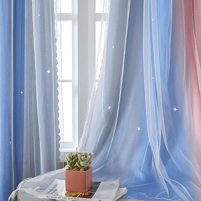 XiDi Dream Star Blackout Curtains for Kids Rooms Girl Princess Curtain for Daughter Bedroom Window (Pink Grey Blue, W34 X L84)