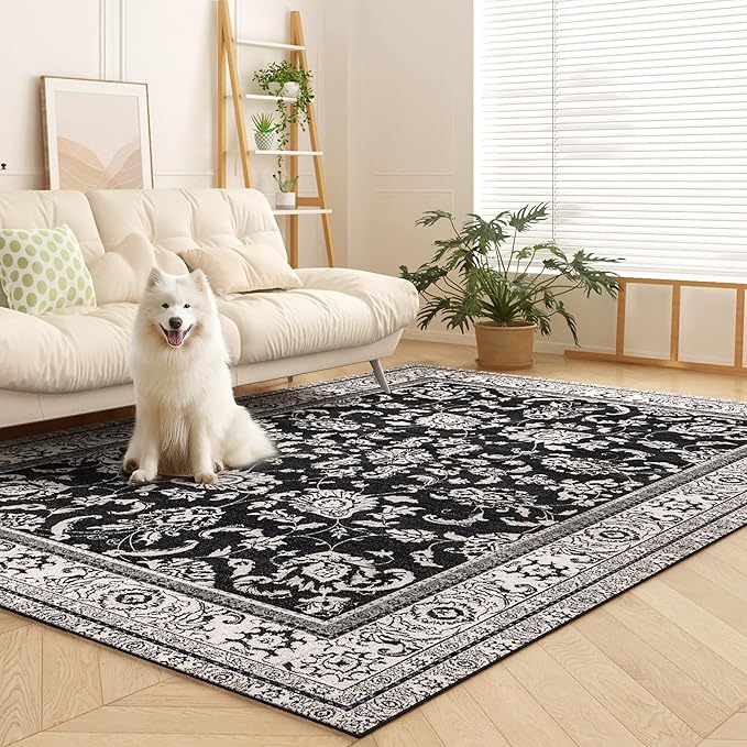 Machine Washable Area Rugs, Vintage Soft Rugs for Living Room Non Slip Large Area Rug 6x9 Carpet for Bedroom Under Bed/Dining Table Home Office | Black White