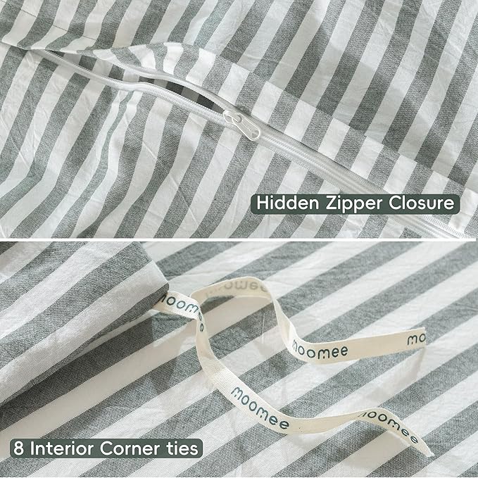 MooMee Striped Duvet Cover Set 100% Washed Cotton Linen Like Textured Breathable Durable Soft Comfy (Heathered Green Classic Stripes, Oversized King Plus 128"x120")