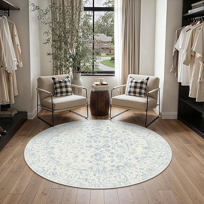 6ft Blue Round Area Rug Entryway Door Mat Circle 6x6 Kitchen Vintage Carpet Non Slip Indoor Bedroom Washable Distressed Floral Retro Accent Throw Rug Office Bathroom