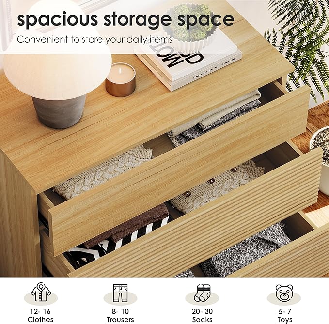 WAMPAT 31.5" W Fluted Dresser for Bedroom, Modern 3 Drawer Dresser TV Stand with Hidden Handles, Wooden Chest of Drawers Closet Clothes Storage Organizer for Bedroom, Living Room, Oak
