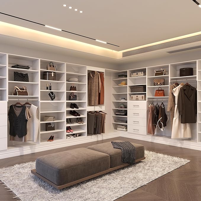 4 Drawer Short Tower Closet Unit, Modular Closet System, Wood Closet System Organizer with Storage for Walk In Closets, Clothing Rack Closet for Hanging Clothes, Bedroom, White, 31.5"W