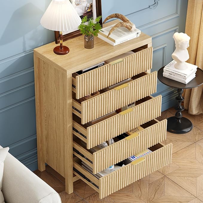 5 Drawer Dresser, 43" Tall Dresser Organizer TV Drawer Cabinet Modern Wood Storage Cabinet, Modern Wood Storage Cabinet for Bedroom, Hallway, Entryway, Natural X 2