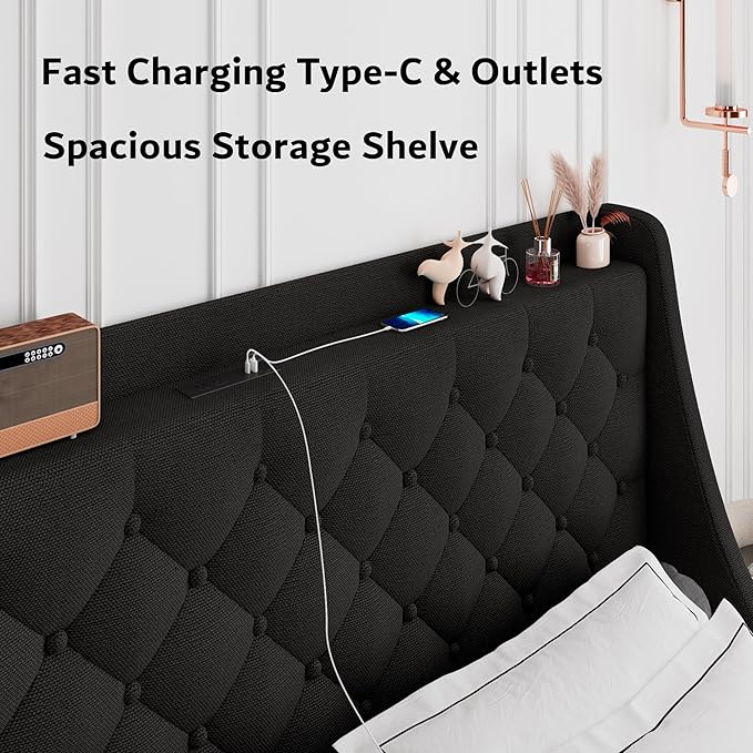 iPormis Full Size Bed Frame with 4 Storage Drawers, Upholstered Platform Bed Frame with Type-C & USB Ports, Wingback Storage Headboard, Solid Wood Slats, No Box Spring Needed, Black