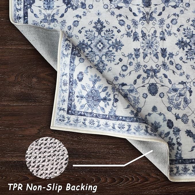 vivorug 5x7 Area Rugs, Stain Resistant Washable Rug for Living Room, Floral Rug Vintage Inspired (Ivory/Blue, 5'x7')