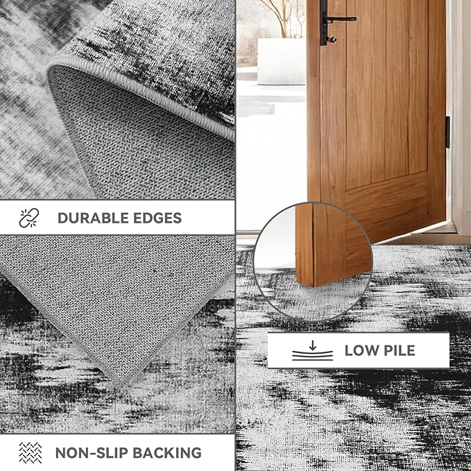 3x6 Kitchen Hallway Runner Rug: Long Washable Rug Runner Non-Slip Indoor Abstract Rugs - Low Pile Soft Floor Runners for Bedroom Living Room Dining Entryway Bathroom Laundry Black White 3x6