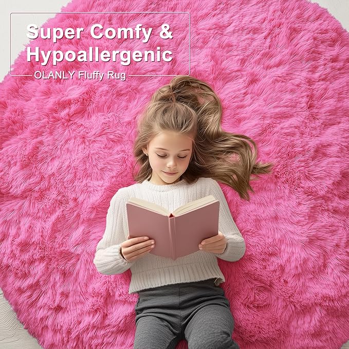 OLANLY Hot Pink Round Rugs for Bedroom - Machine Washable, 3 ft Circle Area Rugs for Living Room, Soft and Fluffy Shaggy Carpet for Teen Girls and Boys, Nursery Rooms, Dorms, Home Decor Aesthetic