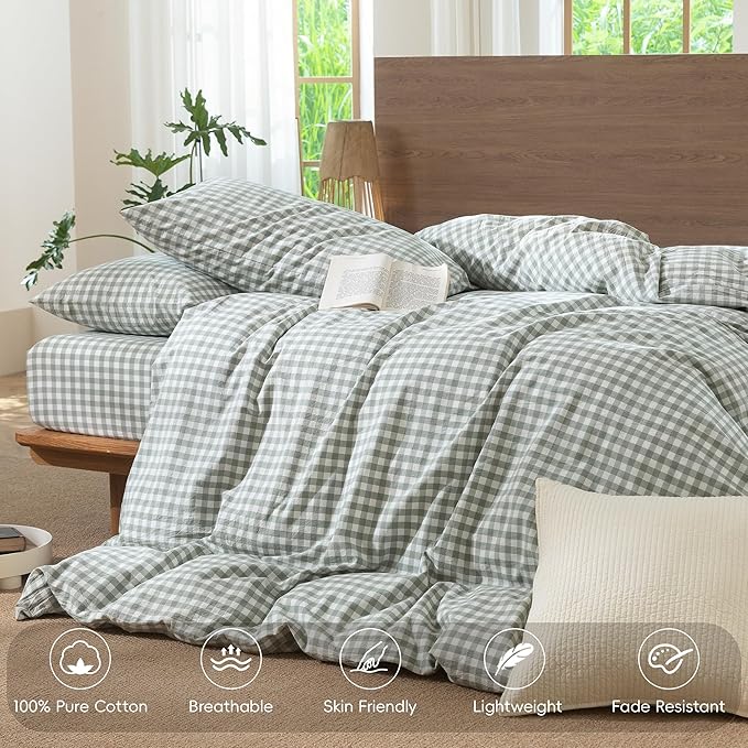 MooMee Gingham Duvet Cover Set 100% Washed Cotton Linen Like Textured Breathable Durable Soft Comfy Modern Checkered Design (Sage Green Gingham, Queen 90"x90")