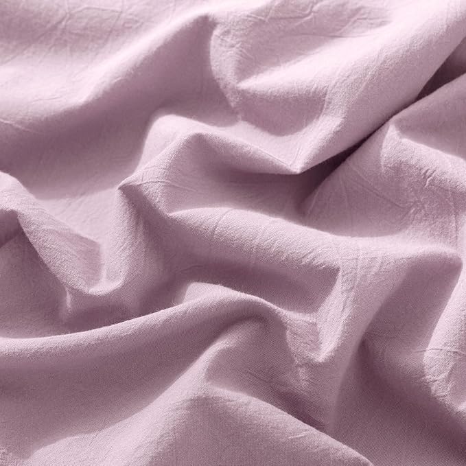MooMee Fitted Bottom Sheet Only 100% Washed Cotton Linen Like Textured Breathable Durable Soft Comfy Deep Pocket Fits Mattress up to 17" (Light Purple, Queen)