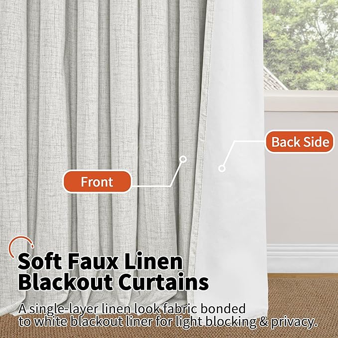 100% Blackout Curtains for Living Room 72 Inch Length 2 Panels Set, Thermal Insulated Light Blocking Boho Faux Linen Window Curtains for Bedroom, Bronze Grommet, Each 52" Wide, Light Grey