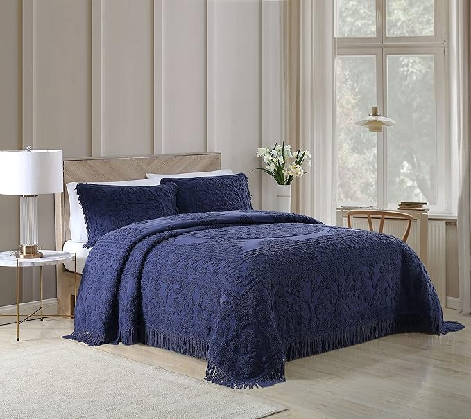 Beatrice Home Fashions Medallion Chenille Bedspread, Standard Sham, Navy