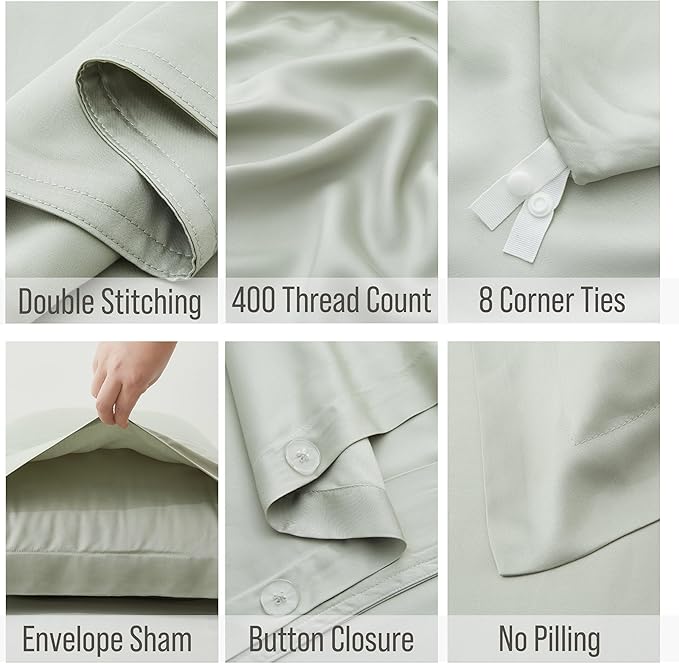 Bella Coterie Luxury Bamboo Viscose Queen Size Duvet Cover Set | 100% Organically Grown | Corner Ties | Ultra Soft | Cooling | Two Pillow Shams | 90 x 94 | No Insert [Sea Glass]