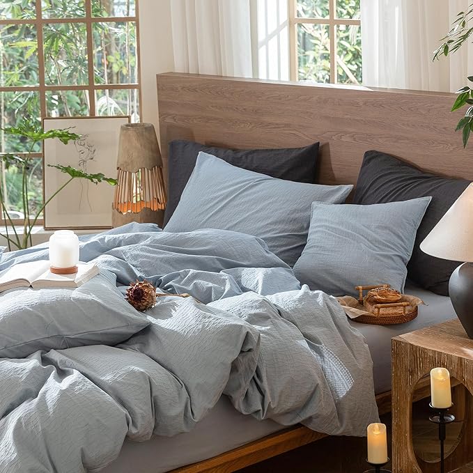 MooMee Wavy Striped Duvet Cover Set 100% Washed Cotton Linen Like Textured Breathable Durable Soft Comfy (Cornflower Blue, Palatial King/Oversized King 120"x98")