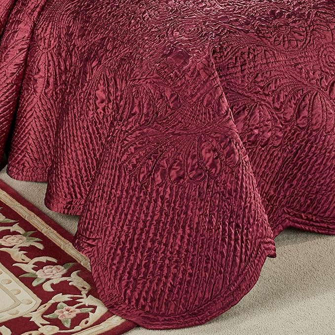 Touch of Class Portia Luxury Bedding | Rich Ruby Red | Premier Quilted Polyester Satin | Romantic Hand Guided Machine Quilted Scroll Design 3 Piece Set: Cal King Oversized Bedspread & 2 King Shams