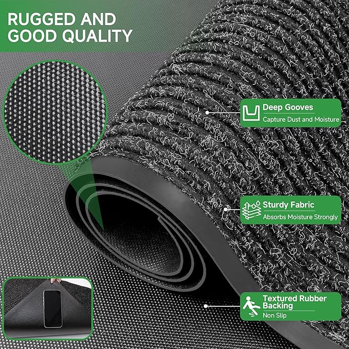 Front Door Mat, Heavy Duty Indoor Outdoor Doormat for Entryway, 120" x 36" Low Profile Outdoor Mats for Home Entrance, Stain and Fade Resistant Welcome Mat for High Traffic Area, Black