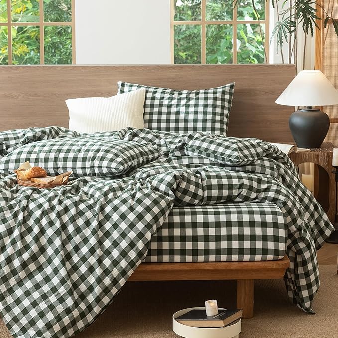 MooMee Gingham Duvet Cover Set 100% Washed Cotton Linen Like Textured Breathable Durable Soft Comfy Modern Checkered Design (Buffalo Plaid Forest Green, Full 80"x90")