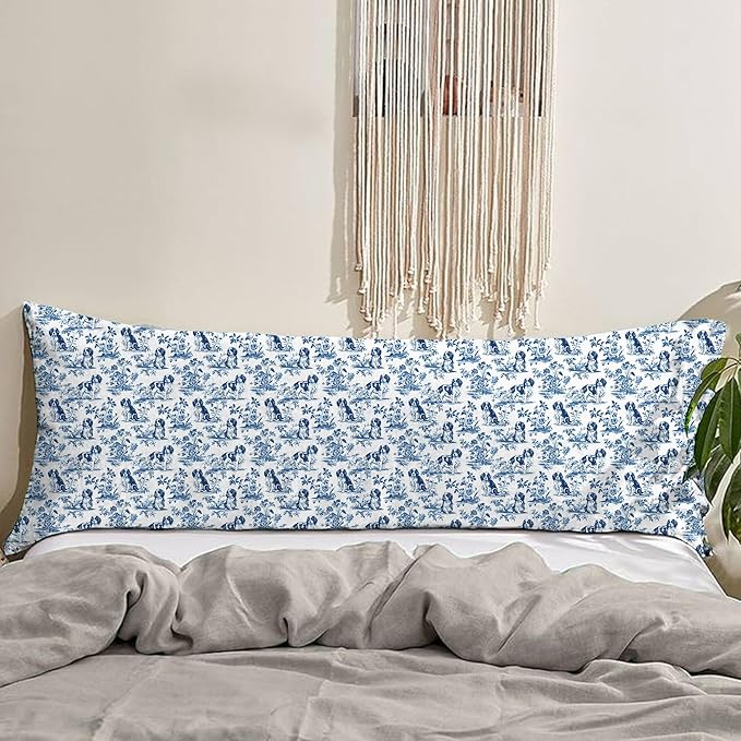 Chinoiserie Cavalier King Charles Spaniel Dog 20x54 Body Pillow Cover with Zipper,Blue and White Grandmillennial French Country Cavalier Dog Decorative Body Pillow Cases for Bed Couch