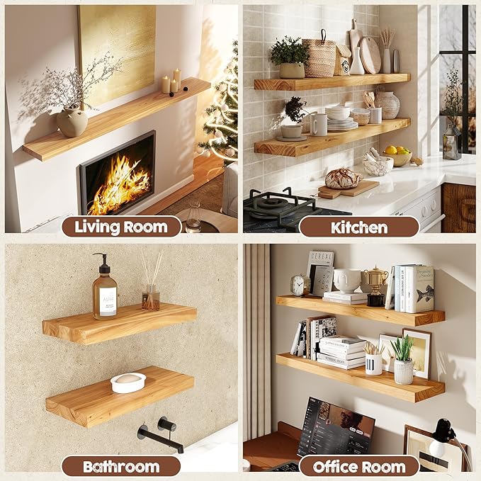fuqing Floating Shelves for Wall, 40 inch Rustic Solid Elm Wood Floating Shelves, Wooden Wall Shelves with Invisible Heavy Duty Brackets for Living Room, Bedroom, Kitchen, Bathroom, 1 Pack, Natural