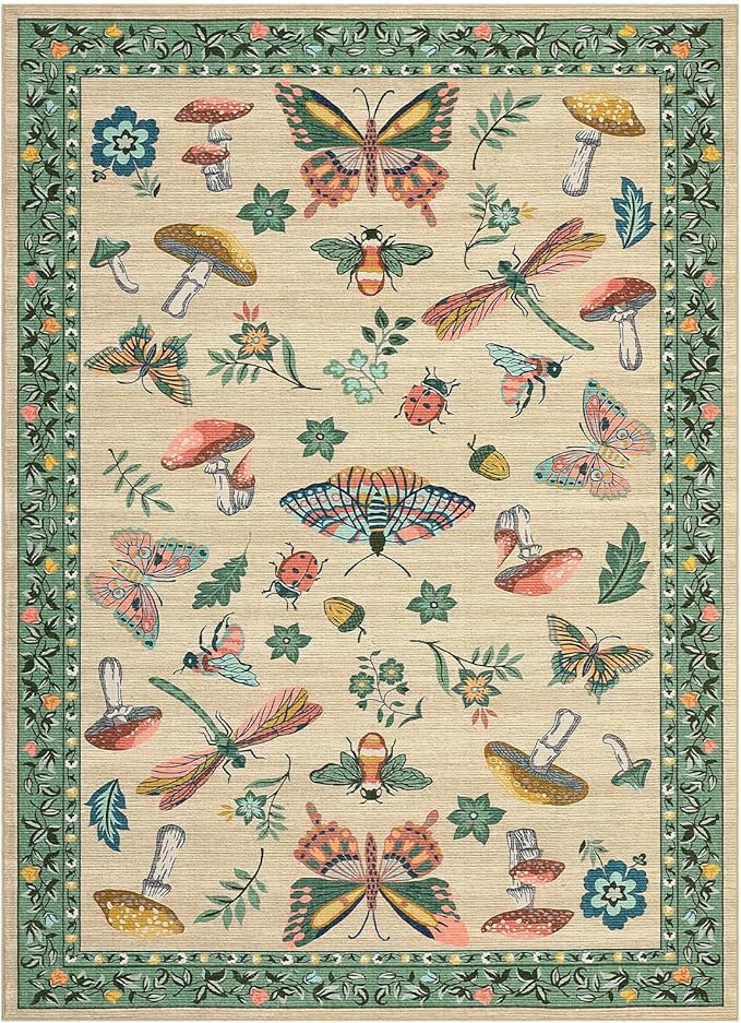 4x6 Rug Non-Slip Washable Carpet - Mushroom Soft Low-Pile Stain Resistant Rugs for Nursery Kitchen Bedroom Living Room Entryway Indoor Mat Khaki Green