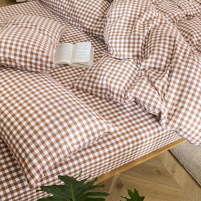 MooMee Gingham Duvet Cover Set 100% Washed Cotton Linen Like Textured Breathable Durable Soft Comfy Modern Checkered Design (Dark Orange Gingham, Super King 108"x98")