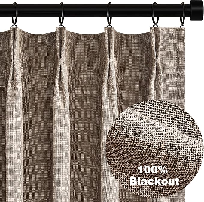 Topfinel 94 Inches Long Taupe Flax Custom Blackout Linen Curtains, Viral Ivory Pinch Pleated Noise Cancelling Curtains with Pin Hooks for Traverse, Burlap Viral Drapes 2 Panels for Living Room