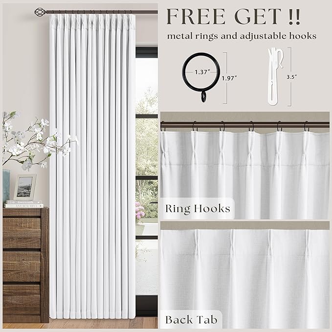 Pure White 96 Inch Blackout Pinch Pleated Curtains 2 Panel Set for Living Room Darkening Thick Linen Textured 100% Black Out Drapes 96 Inches Long Pinch Pleat Light Blocking Bedroom Soft Snow White