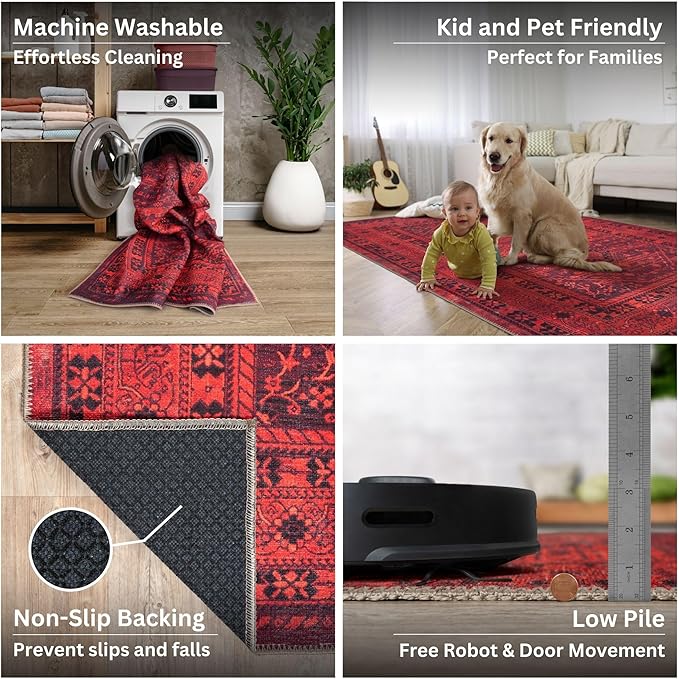 Bloom Rugs Washable Non-Slip 6' x 9' Rug - Red Traditional Bordered Area Rug for Living Room, Bedroom, Dining Room, and Kitchen - Exact Size: 6' x 9'