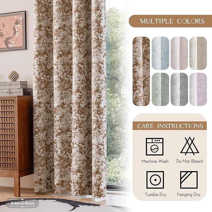 Beauoop Brown Floral Jacquard Blackout Curtains 63 Inches Long 2 Panels for Bedroom Living Room Chenille Flower Room Darkening Thermal Insulated Soundproof Grommet Window Treatments Drapes, 52x63