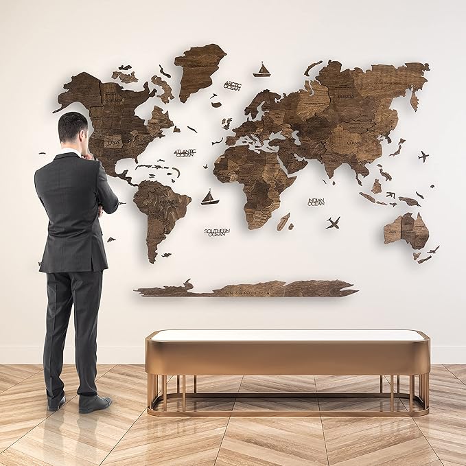 Handmade 3D Wood World Map Wall Art Large Wall Decor Track Your World Travels - Special for Home, Kitchen and Office (Walnut, Large)