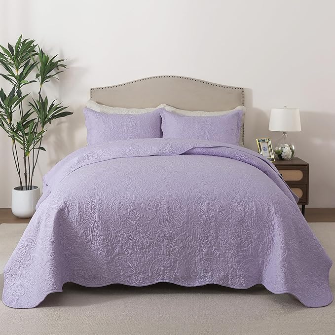 HoneiLife Quilt Sets King Size - Microfiber Bedspreads for King Bed, 3-Piece Lightweight Coverlets, Retro Bedlinen Sets, King Quilt Bedding Set All Season Use-Light Purple