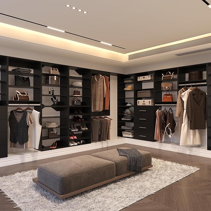 Double Hanging Closet Unit, Modular Closet System, Wood Closet System Organizer with Storage for Walk In Closets, Clothing Rack Wardrobe Closet for Hanging Clothes, Bedroom, Black, 19.5"W