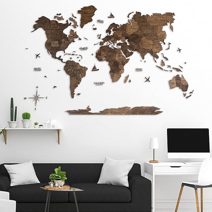 Handmade 3D Wood World Map Wall Art Large Wall Decor Track Your World Travels - Special for Home, Kitchen and Office (Walnut, Large)