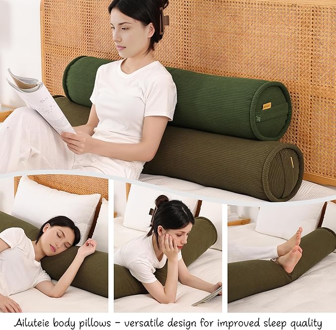 Body Pillow for Adults – Corduroy Long Round Bolster Pillow for Bed, Cuddle Pillow with Full Support for Side Sleepers & Restful Sleep,59 x 7.87 Inches,Martini 0live