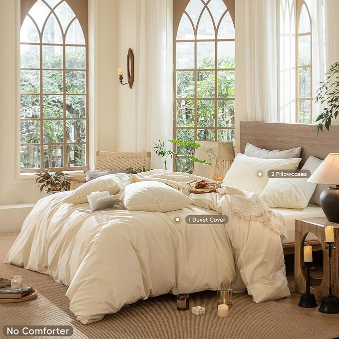 MooMee Wavy Striped Duvet Cover Set 100% Washed Cotton Linen Like Textured Breathable Durable Soft Comfy (Cream White, Oversized Queen 98"x98")