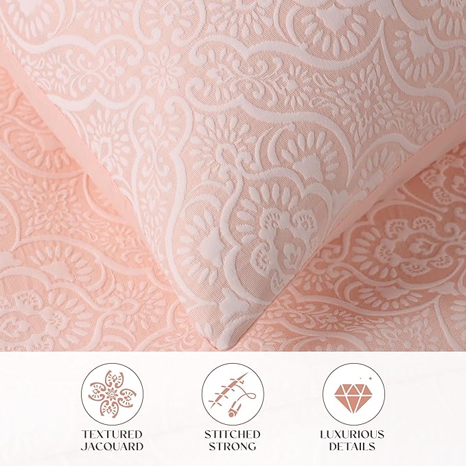Superior 3 Piece Bedspread Set, Home Bed Decor, Decorative Bed Spread, 2 Pillow Shams, Medium Weight Blanket, Floral Matelasse Coverlet, Bedding Essentials, Enzy Collection, California King, Peach