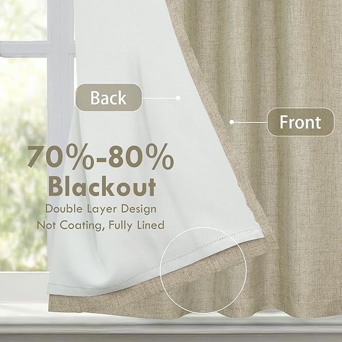 DriftAway Double Layer Linen Blackout Tie Up Curtains Thermal Insulated Fully Lined Balloon Roman Shade Bathroom Window Adjustable Rod Pocket for Small Window 31 Inch by 47 Inch Light Khaki Linen