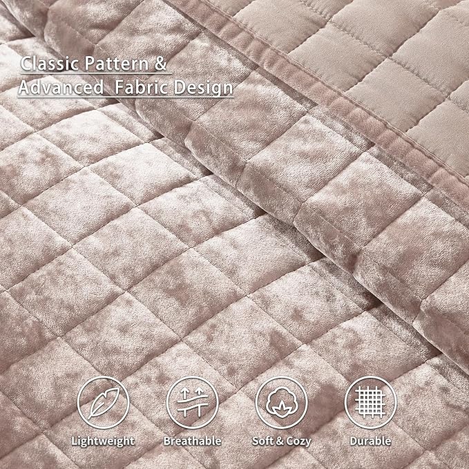 LEAONME Velvet Quilt King Size-98''x106'', Lightweight Dusty Pink Comforter Set with 2 Pillow Shams, Soft Bedspread Coverlet Quilted Bedding Set for All Season