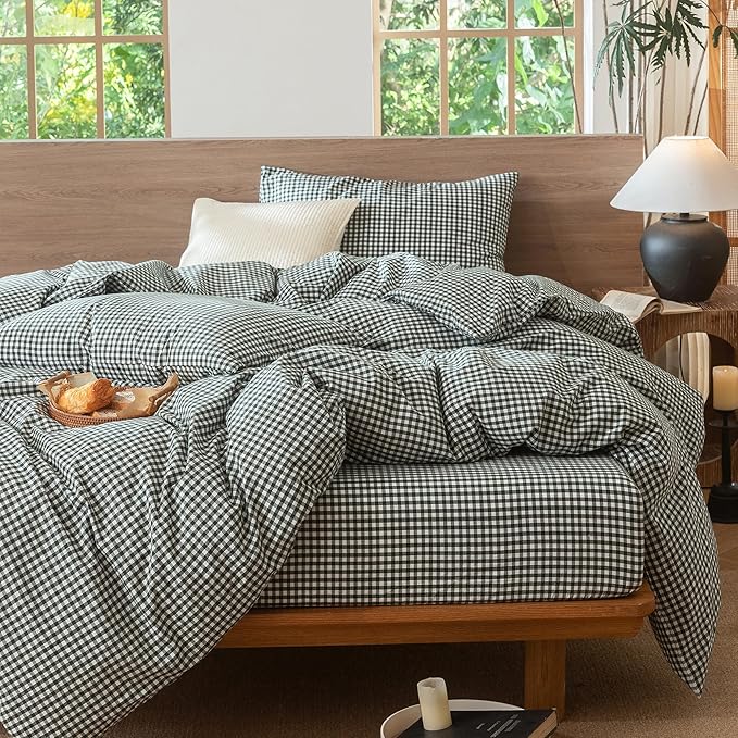 MooMee Gingham Duvet Cover Set 100% Washed Cotton Linen Like Textured Breathable Durable Soft Comfy Modern Checkered Design (Mini Gingham Forest Green, Palatial King/Oversized King 120"x98")
