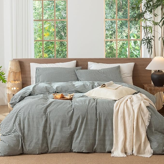 MooMee Gingham Duvet Cover Set 100% Washed Cotton Linen Like Textured Breathable Durable Soft Comfy Modern Checkered Design (Mini Gingham Forest Green, Cal King 104"x98")