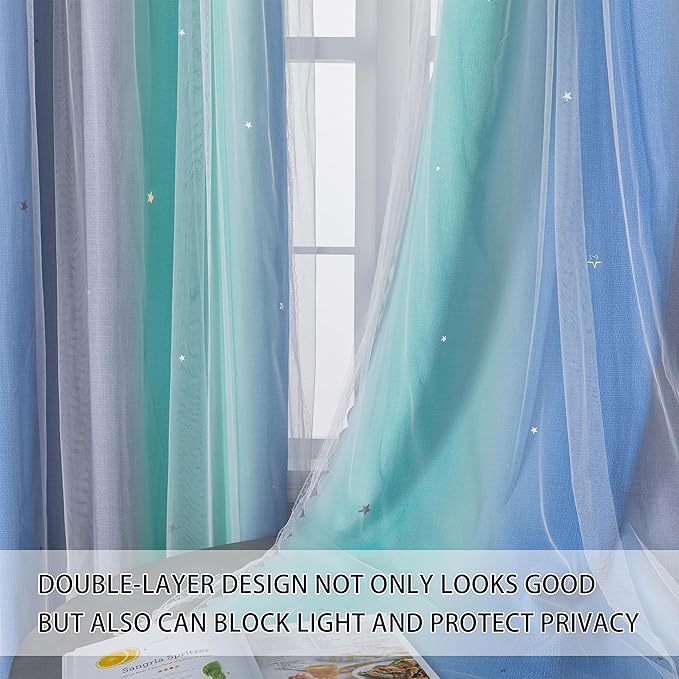 XiDi Dream Star Blackout Curtains for Kids Rooms Boys Green Curtain for Bedroom Window Blue Grey, W52 X L63