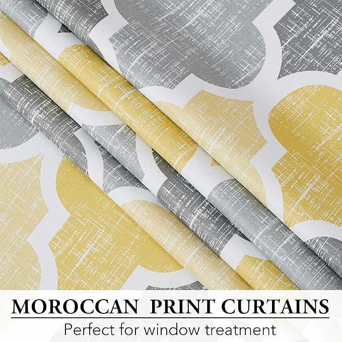 Beauoop 100% Blackout Curtains 63 Inches Long 2 Panels for Bedroom Living Room Yellow Grey Moroccan Geo Room Darkening Thermal Insulated Soundproof Rod Pocket Back Tab Window Treatments Drapes, 50x63